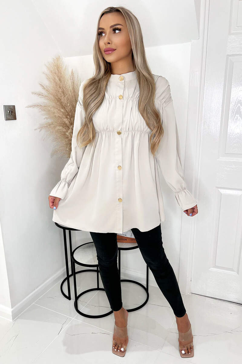 Stone Long Sleeve Gathered Detail Button Up Top - Swimclubus