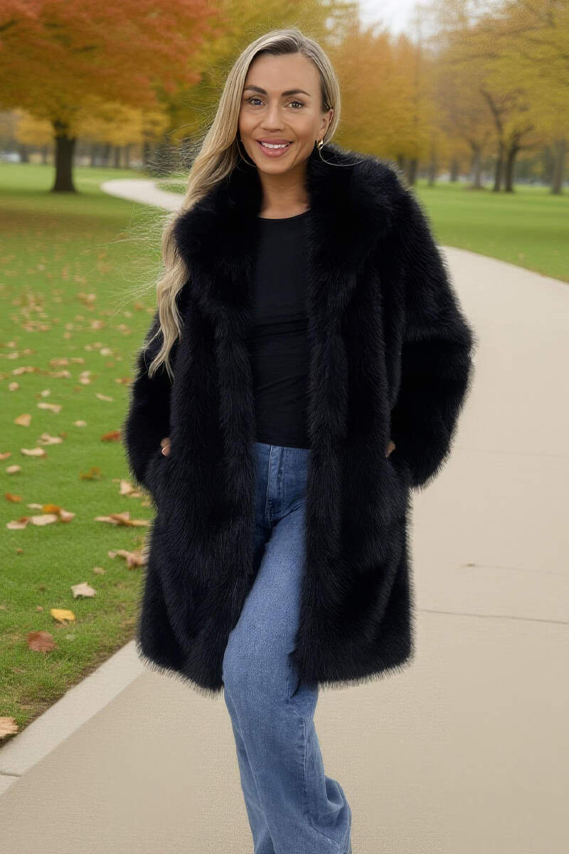 Black Faux Fur Longline Jacket - Swimclubus
