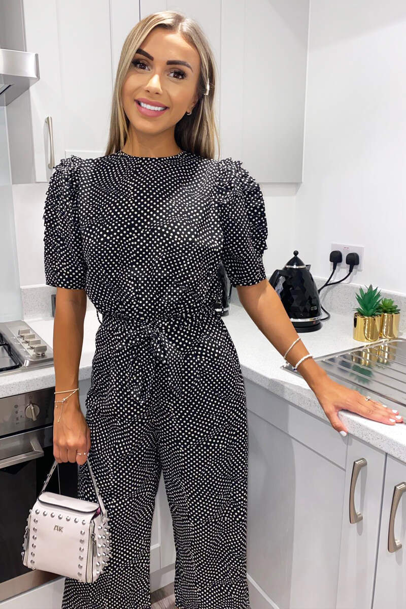 Black Polka Dot Frill Cuff Sleeve Jumpsuit - Swimclubus