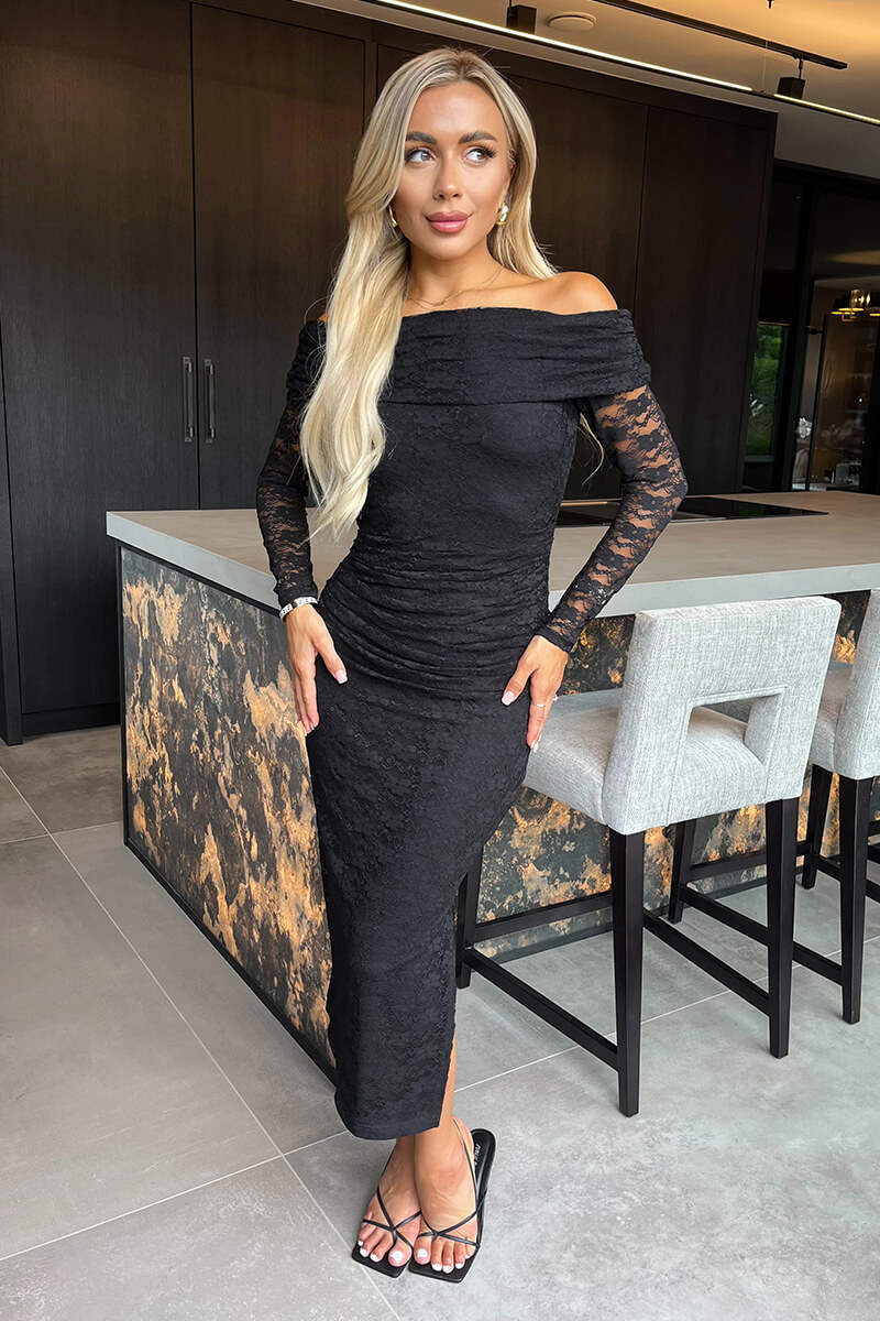 Black Lace Bardot Long Sleeve Ruched Bodycon Midi Dress - Swimclubus