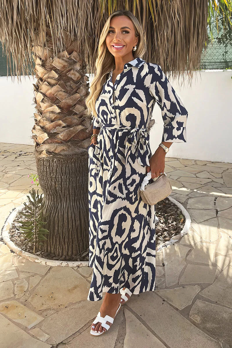 Navy And Cream Abstract Print 3/4 Sleeve Tie Waist Shirt Midi Dress - Swimclubus