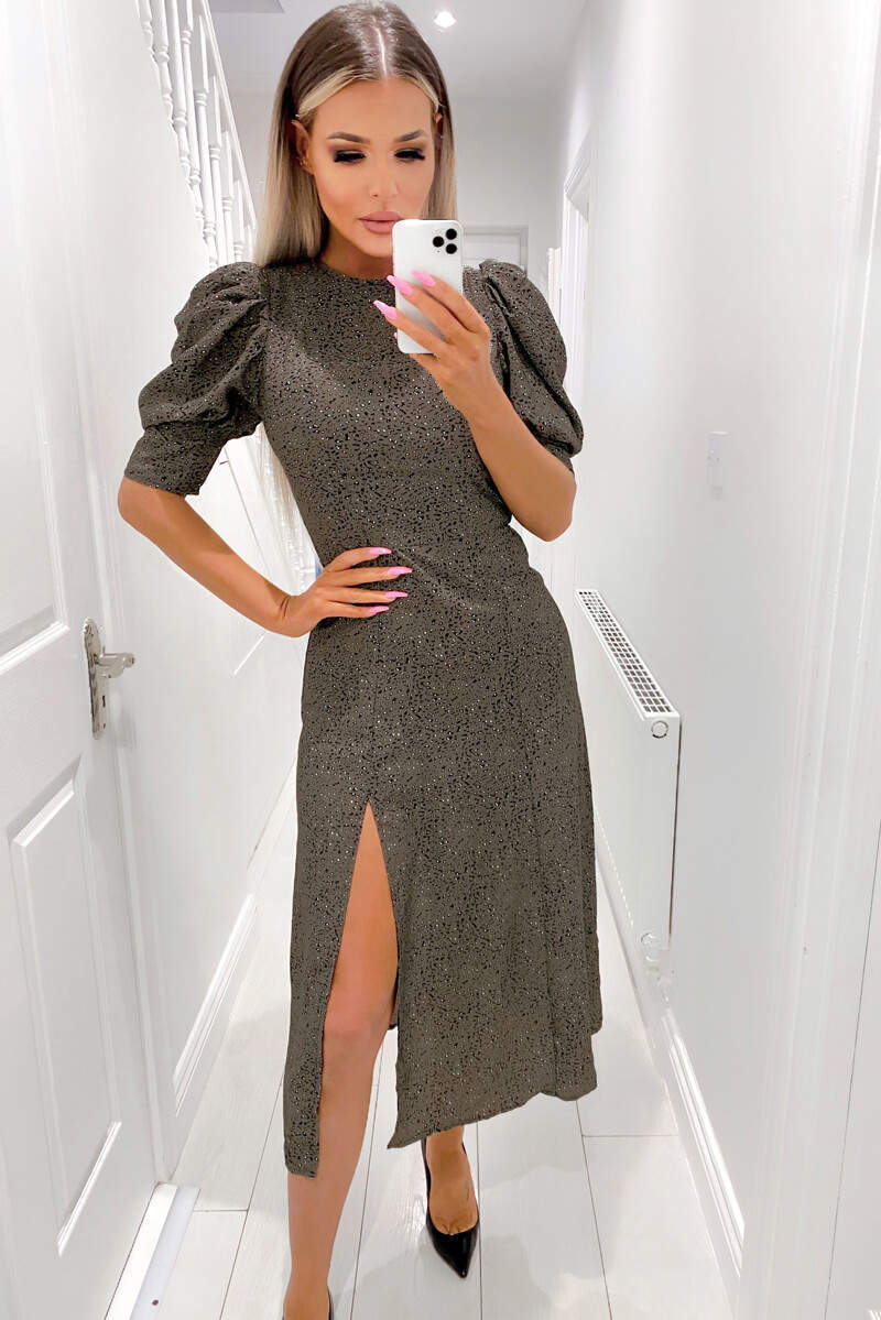 Khaki Printed Ruffle Sleeve Midi Dress - Swimclubus