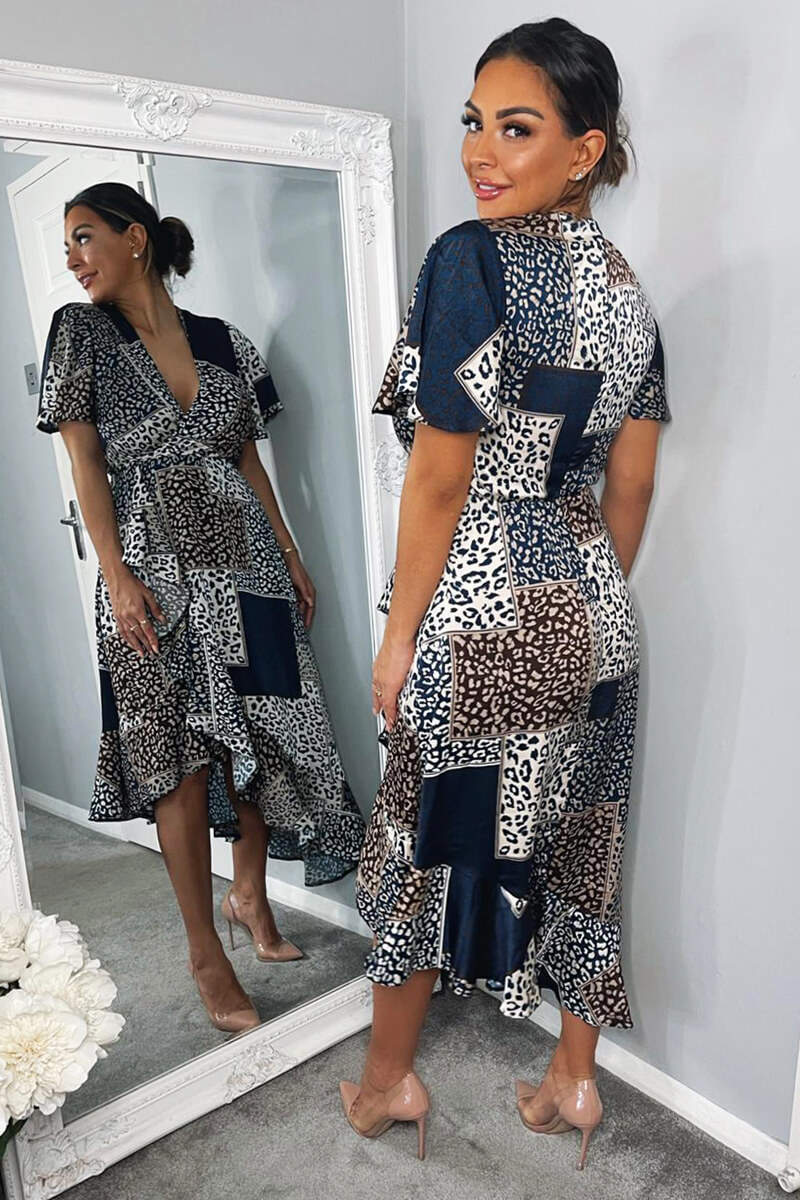 Navy Animal Print Patchwork Wrap Midi Dress - Swimclubus