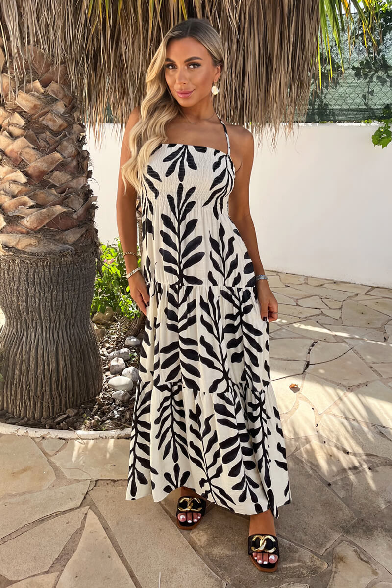 Black And White Leaf Print Tie Neck Shirred Top Smock Midi Dress - Swimclubus