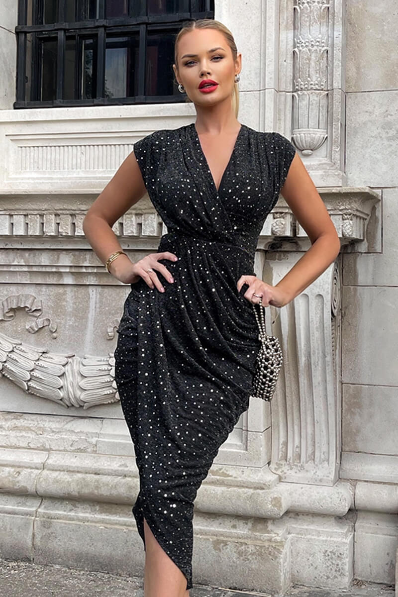 Black Glitter Wrap Draped Midi Dress - Swimclubus