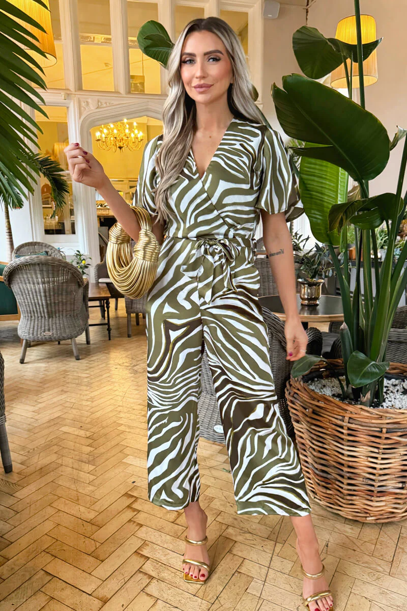 Olive Print Wrap Top Tie Waist Jumpsuit - Swimclubus