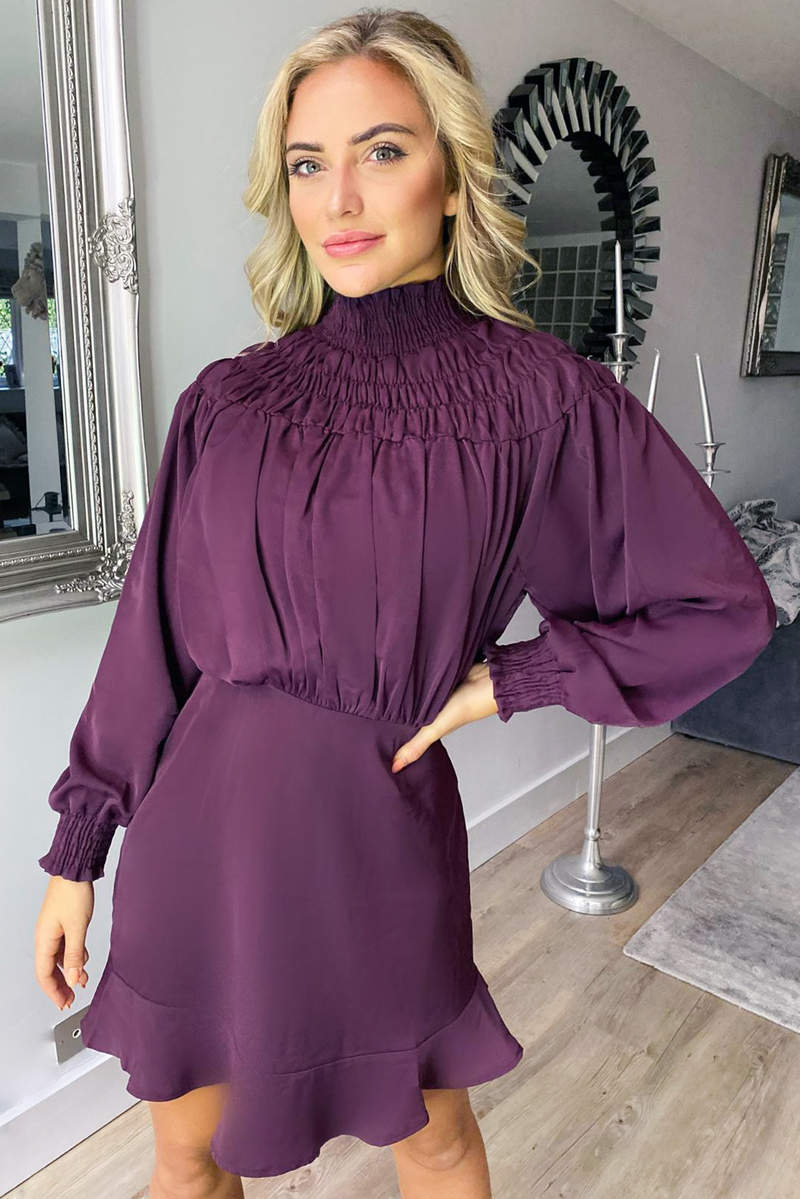 Plum Shirring Neck Skater Dress - Swimclubus