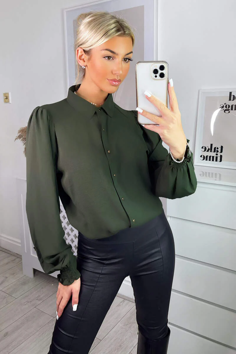 Olive Gold Button Up Elasticated Cuff Shirt - Swimclubus