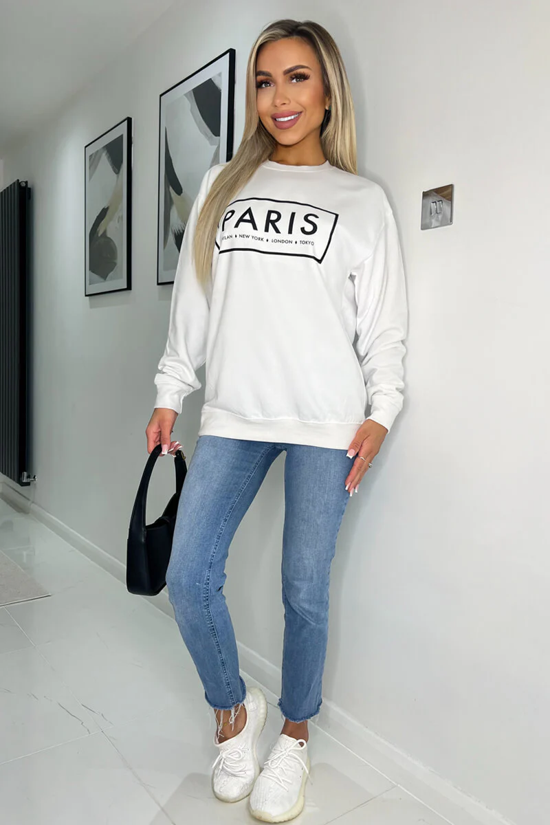 White Paris Slogan Crew Neck Sweatshirt - Swimclubus