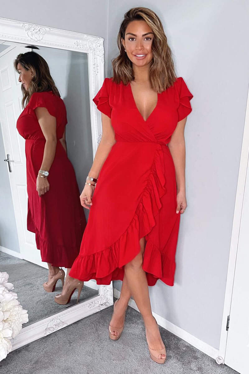 Red Wrap Over Frill Hem Short Sleeve Midi Dress - Swimclubus