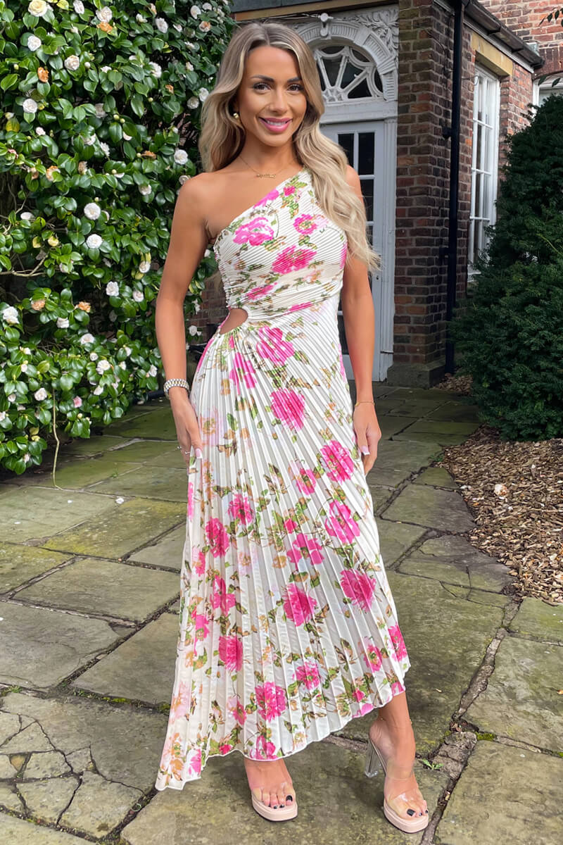 Cream and Pink Floral Print One Shoulder Pleated Satin Midi Dress - Swimclubus