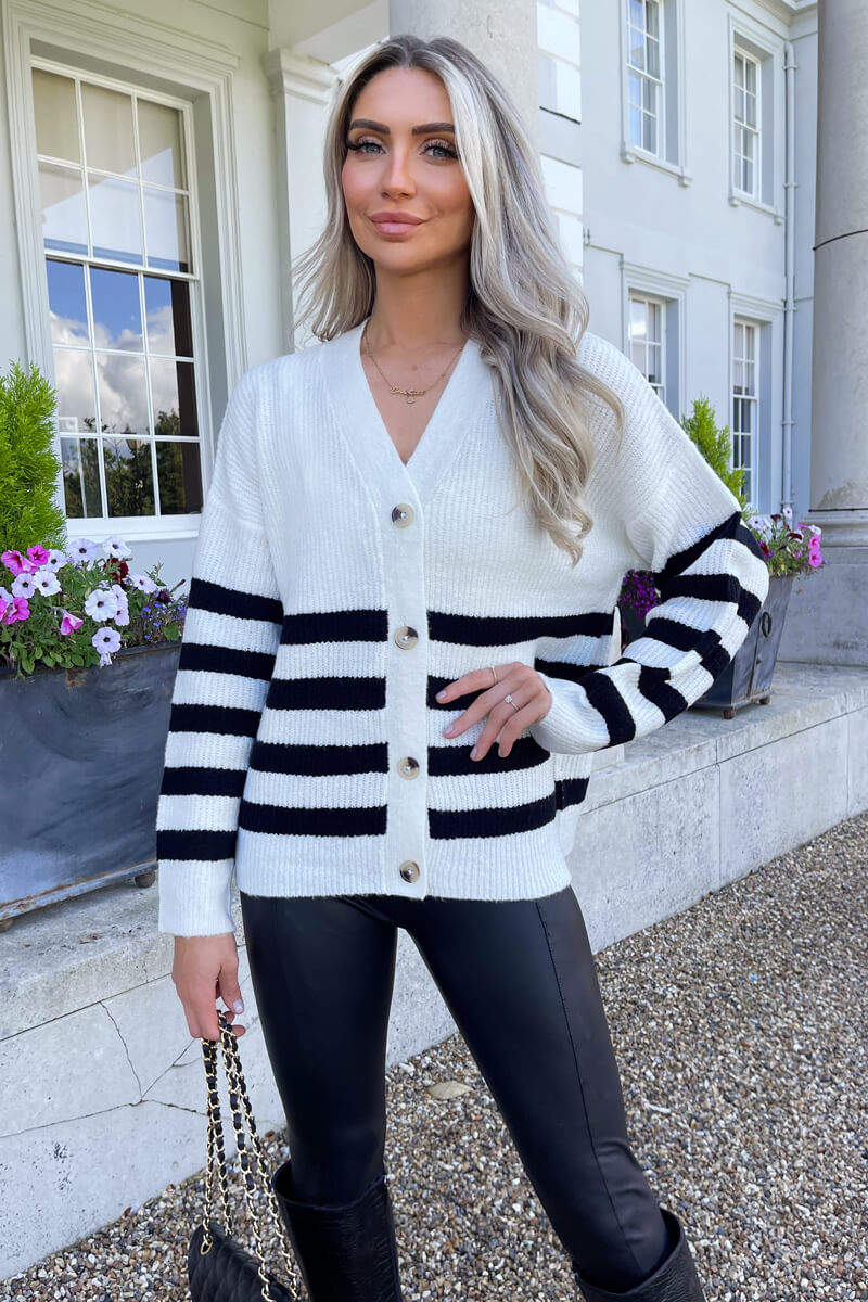 Cream And Black Stripe Knit Button Front Cardigan - Swimclubus