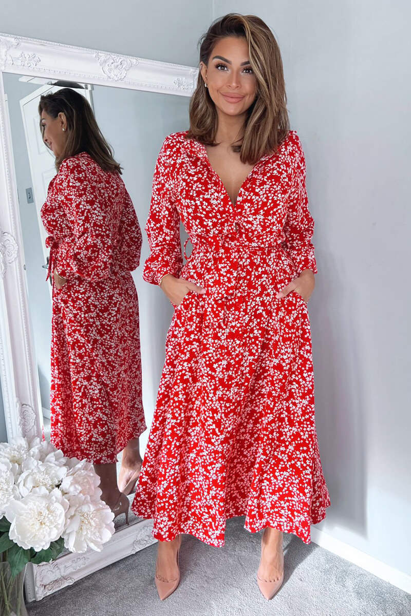 Red Floral Print Button Up Midi Shirt Dress - Swimclubus