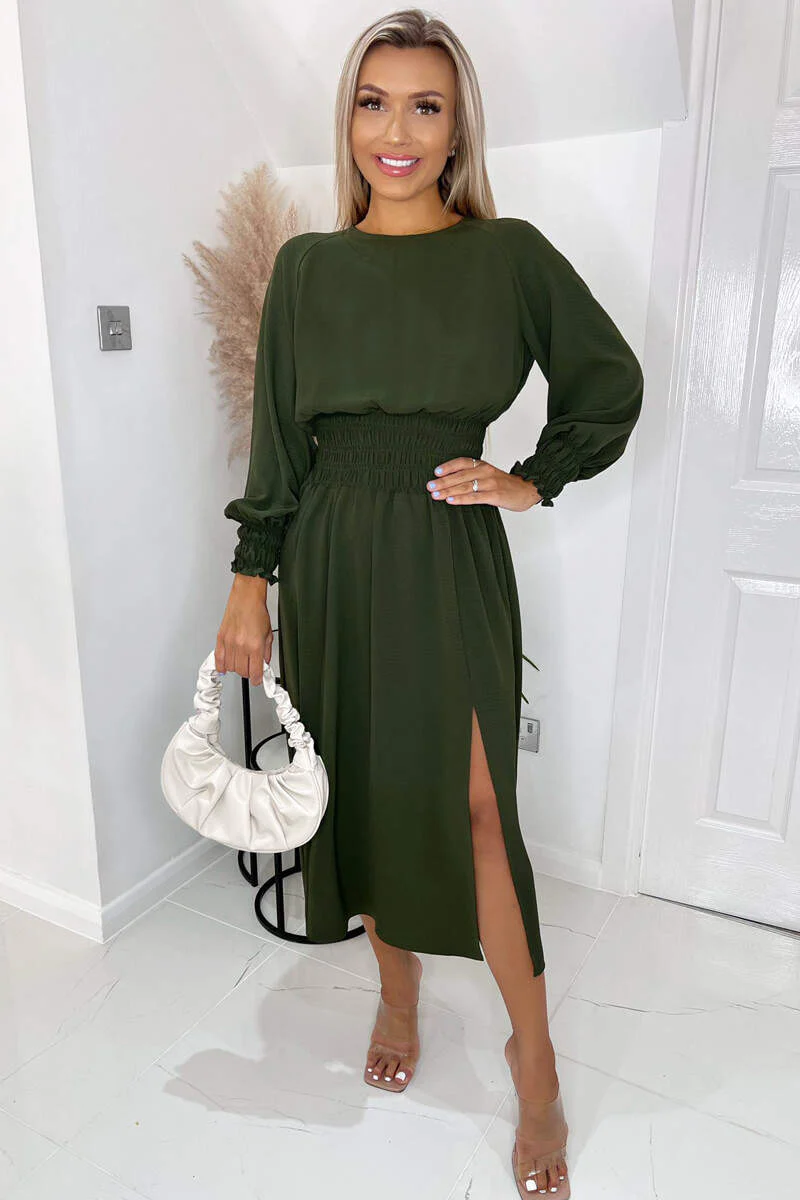 Olive Elasticated Waist Midi Dress With Split - Swimclubus