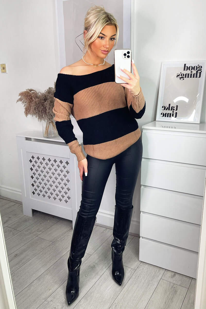 Camel and Black Colour Block Striped Knitted Jumper - Swimclubus