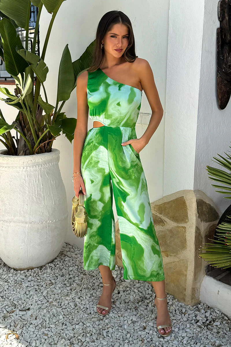 Green Tie Dye Print One Shoulder Cut Out Jumpsuit - Swimclubus