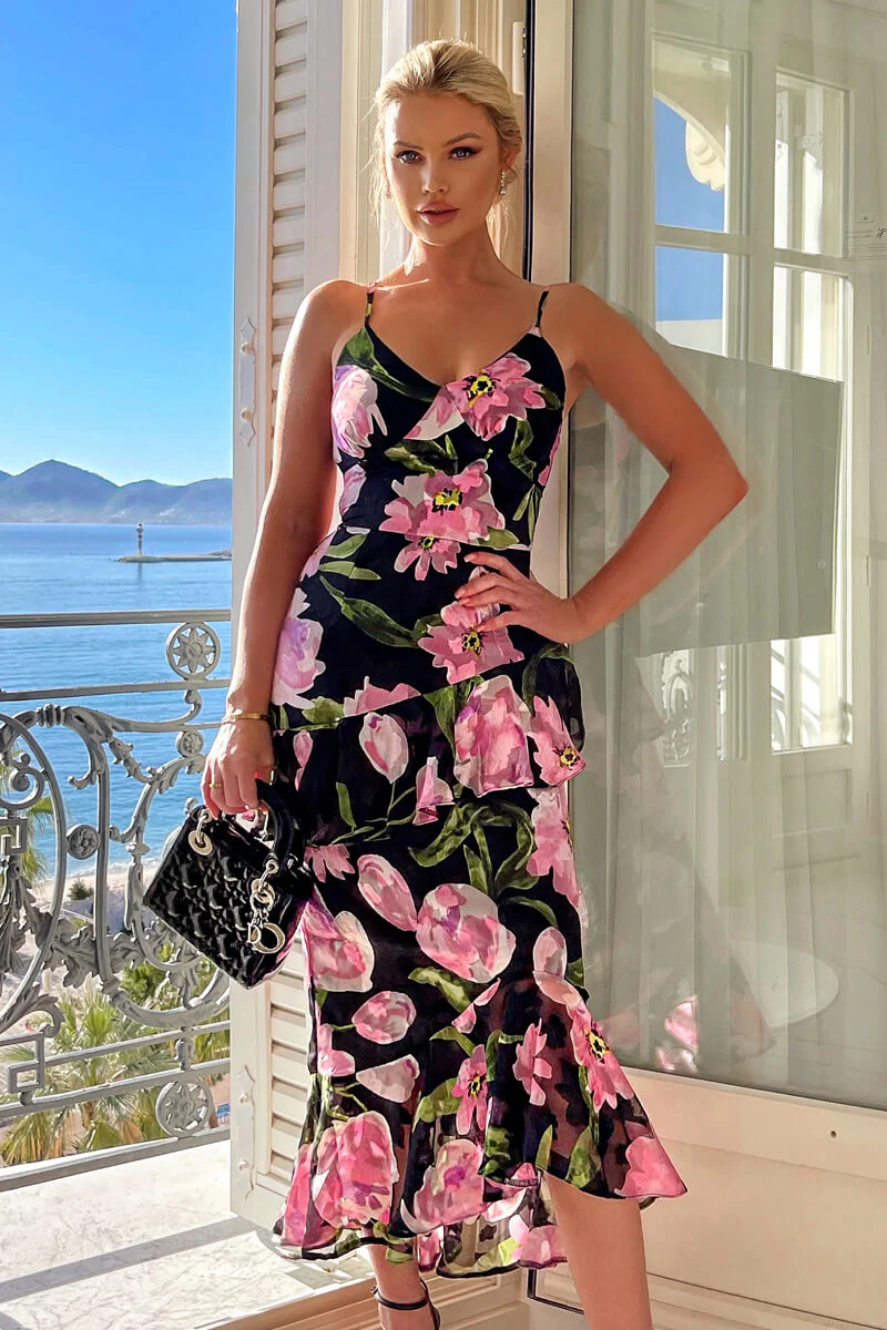 Black And Pink Lace Embroidered Frill High Low Midi Dress - Swimclubus