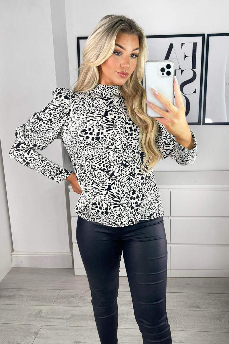 Cream Multi Print Puff Sleeve Cuff Top - Swimclubus