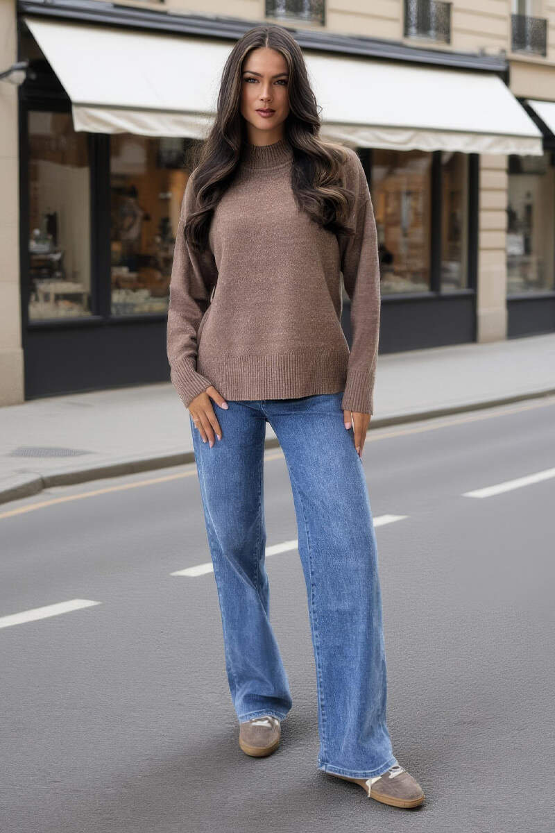 Mink Mock Neck Split Hem Jumper - Swimclubus