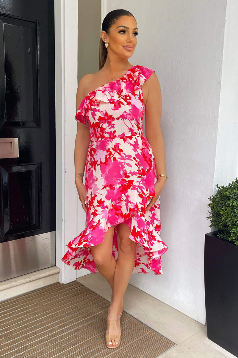 Pink Floral One Shoulder Frill Detail Dipped Hem Dress - Swimclubus