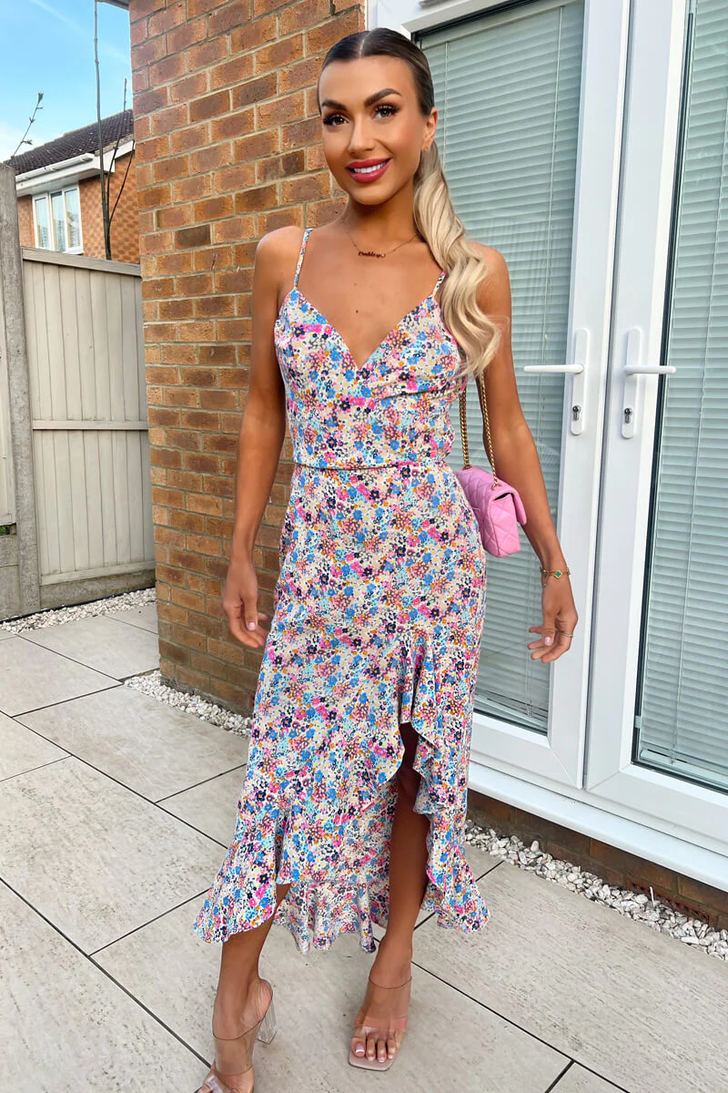 Blue Floral Frill Hem Strappy Midi Dress - Swimclubus