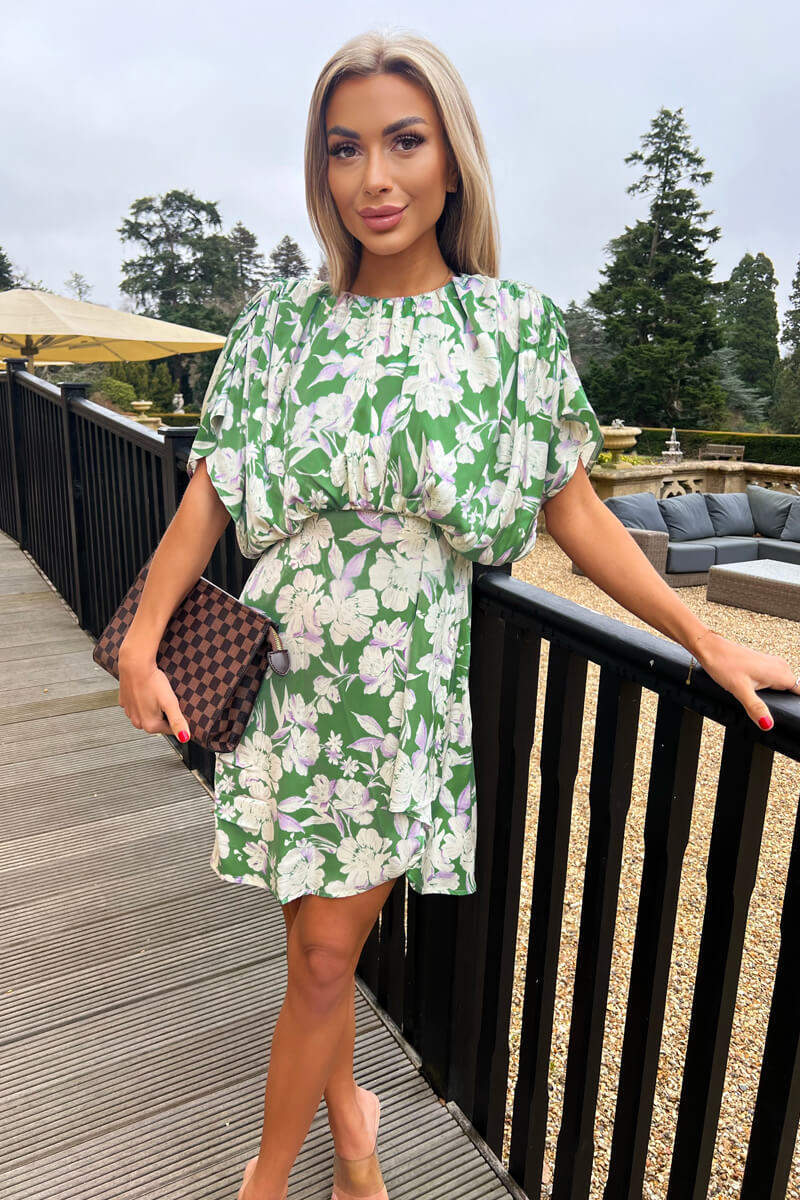 Green Floral Printed Batwing Mini Dress - Swimclubus