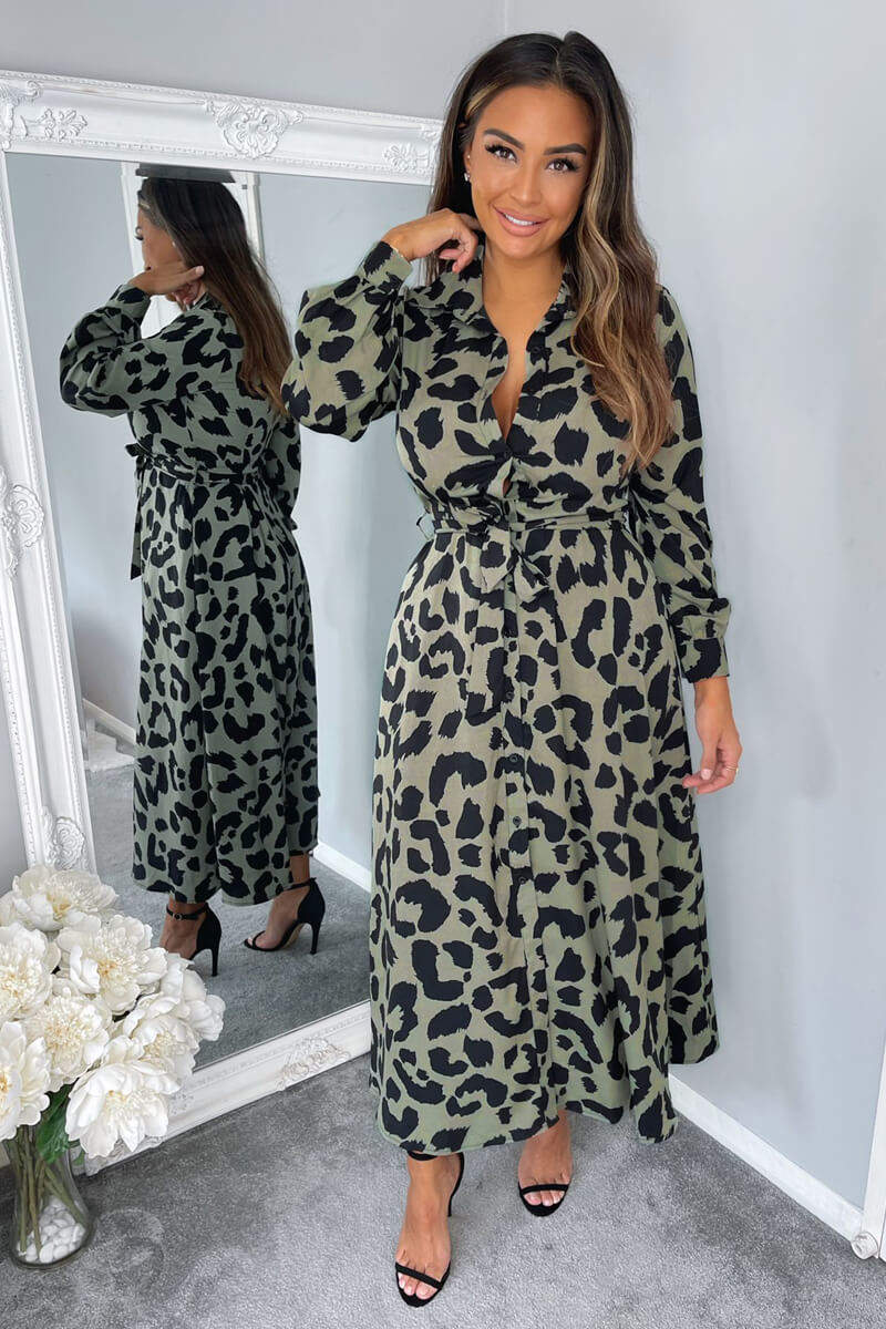 Khaki Animal Print Button Up Midi Dress - Swimclubus