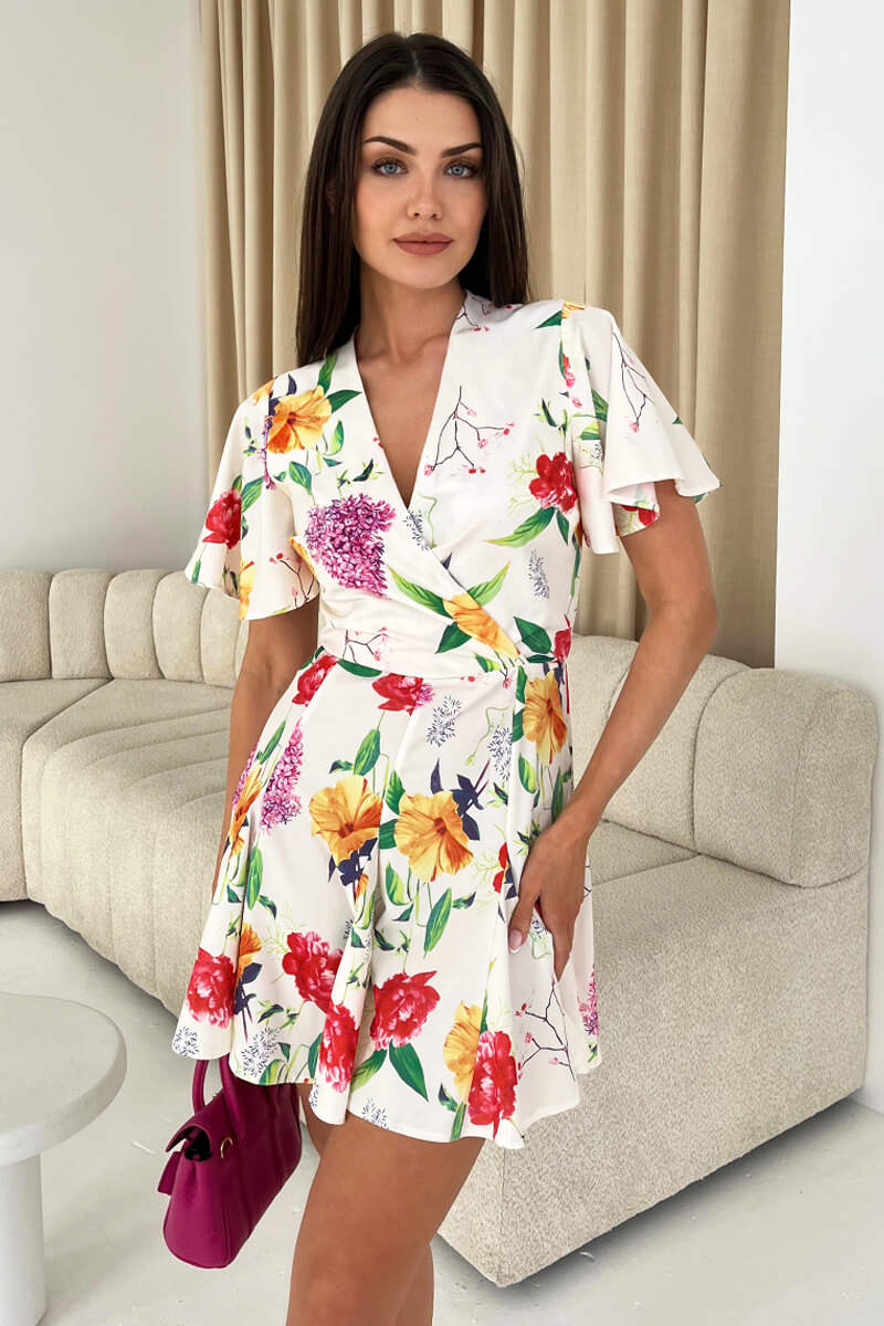 Cream Floral Printed Wrap Top Skater Dress - Swimclubus