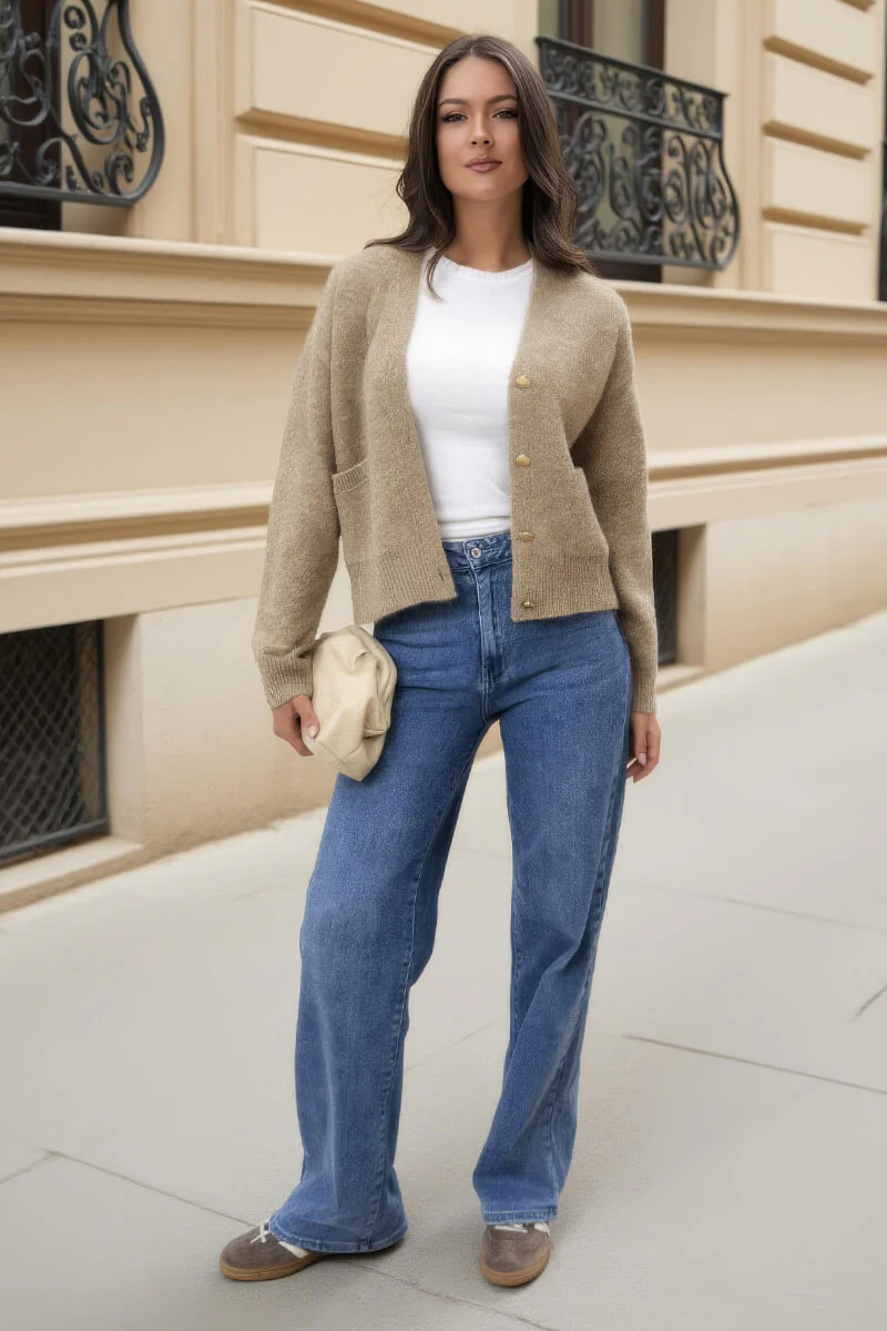 Oatmeal Pocket Detail Knitted Cardigan - Swimclubus