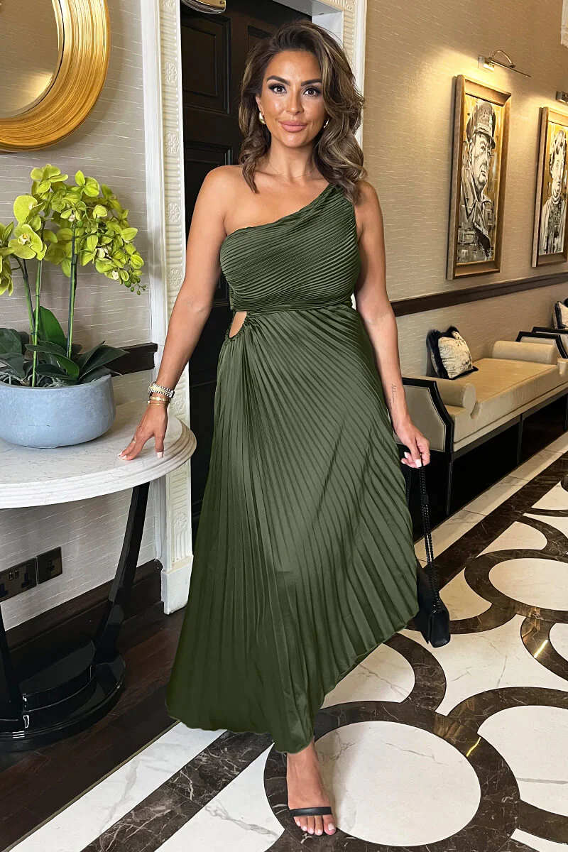 Olive One Shoulder Pleated Satin Midi Dress - Swimclubus