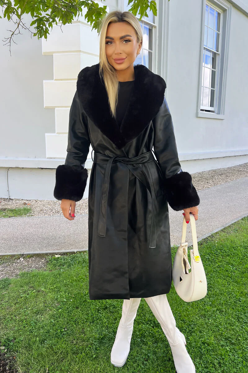 Black Faux Fur Trim Leather Look Long Coat - Swimclubus