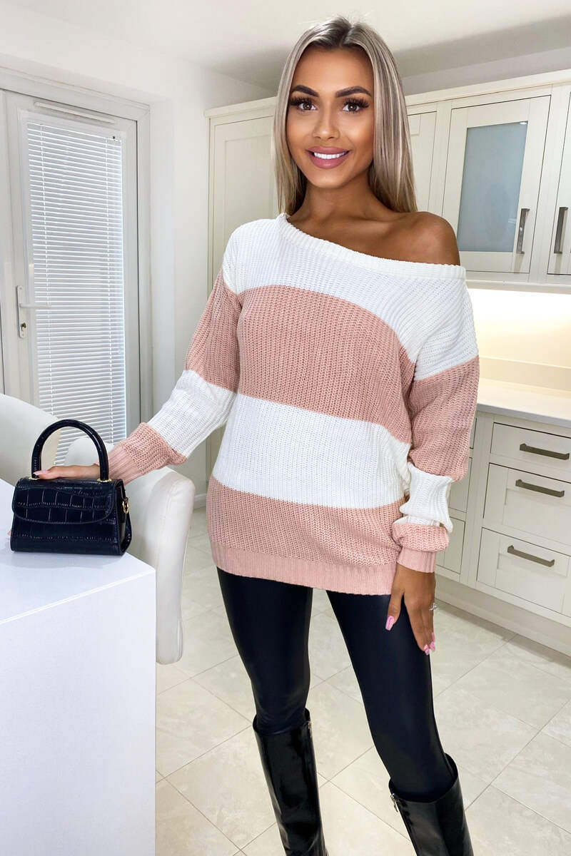 Pink and Cream Colour Block Wide Neck Knitted Jumper - Swimclubus