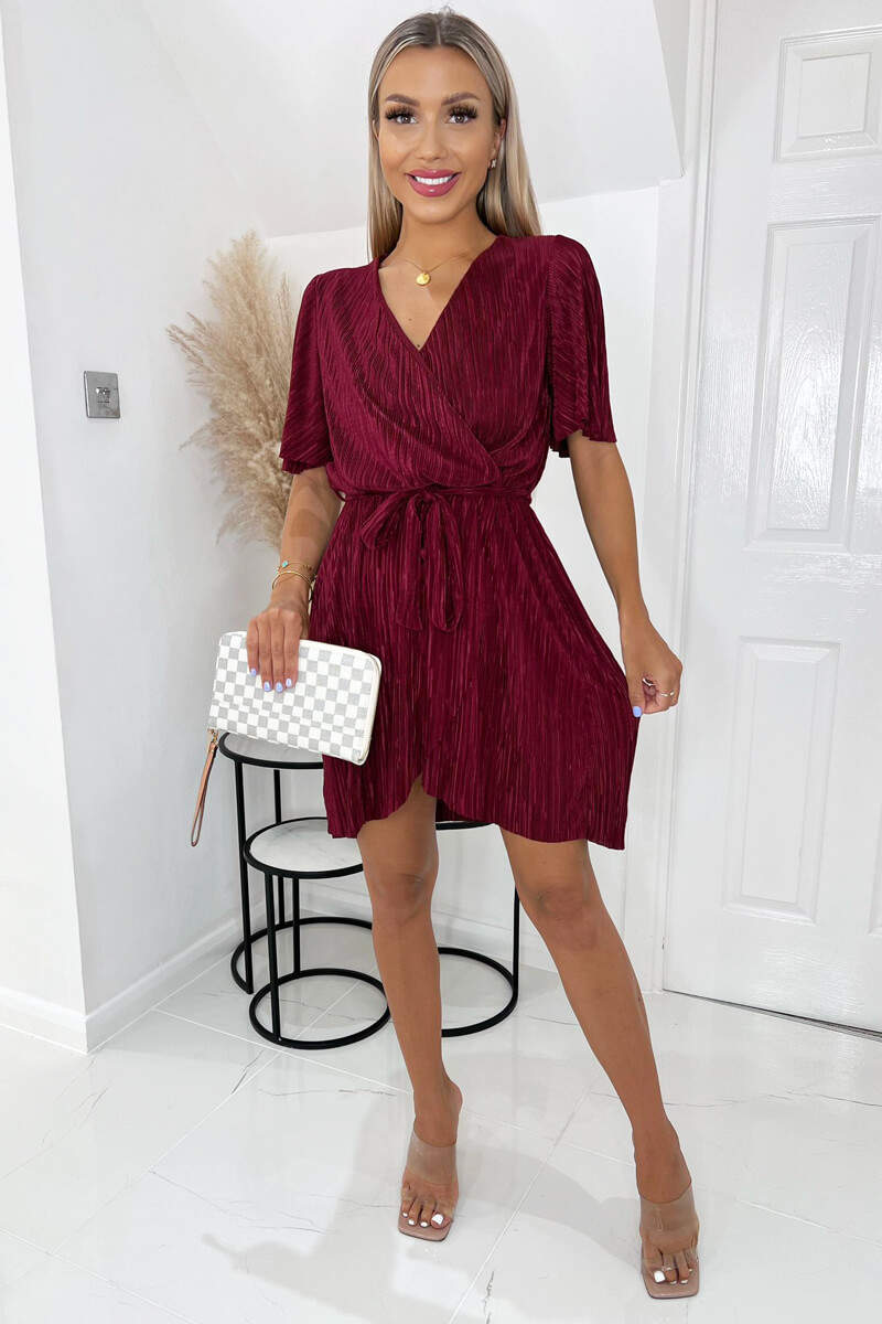 Wine Wrap Top Belted Short Sleeve Plisse Mini Dress - Swimclubus