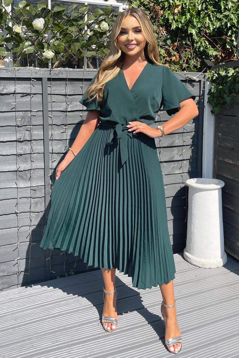 Teal Belted Pleated Skirt Midi Dress - Swimclubus