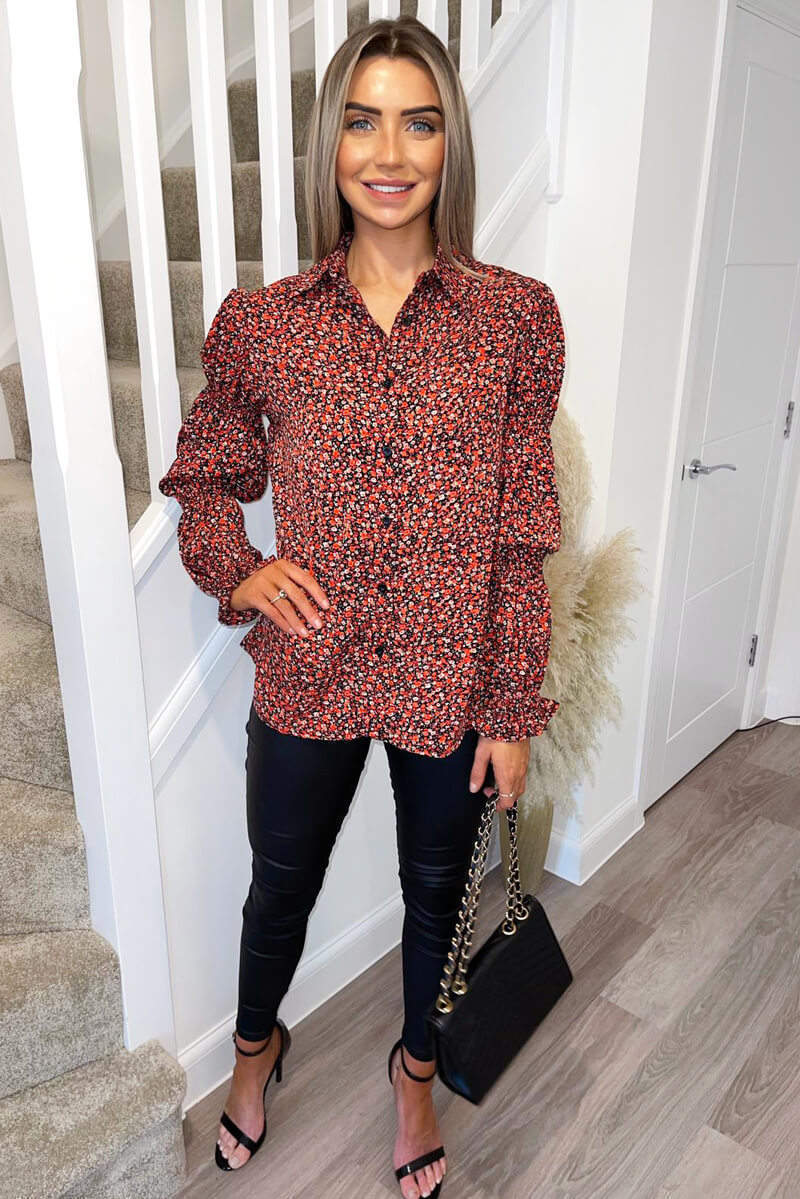 Red Ditsy Floral Grouped Sleeve Shirt - Swimclubus