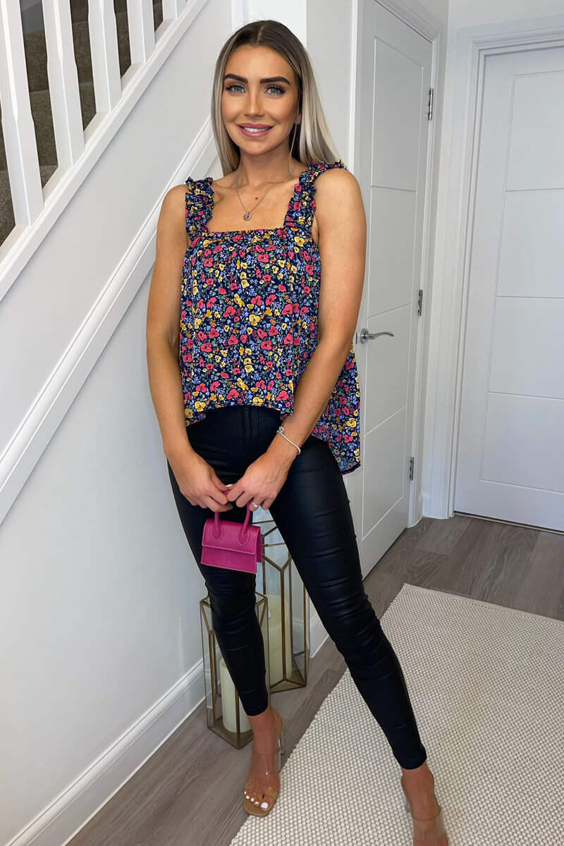 Navy Floral Printed Elasticated Strap Top - Swimclubus