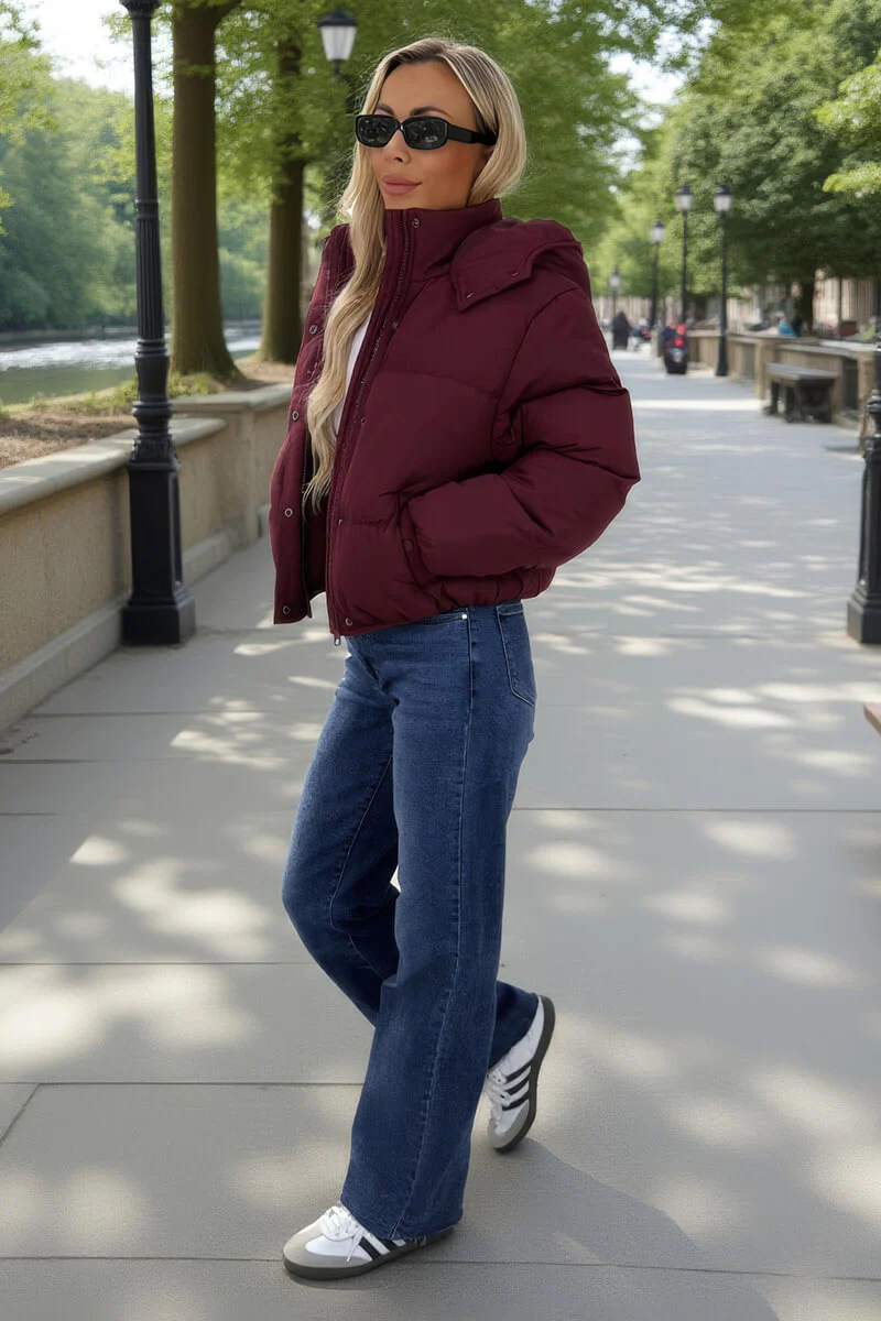 Burgundy Hooded Short Puffer Coat - Swimclubus
