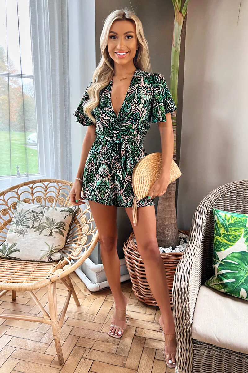 Green Printed Wrap Top Belted Playsuit - Swimclubus