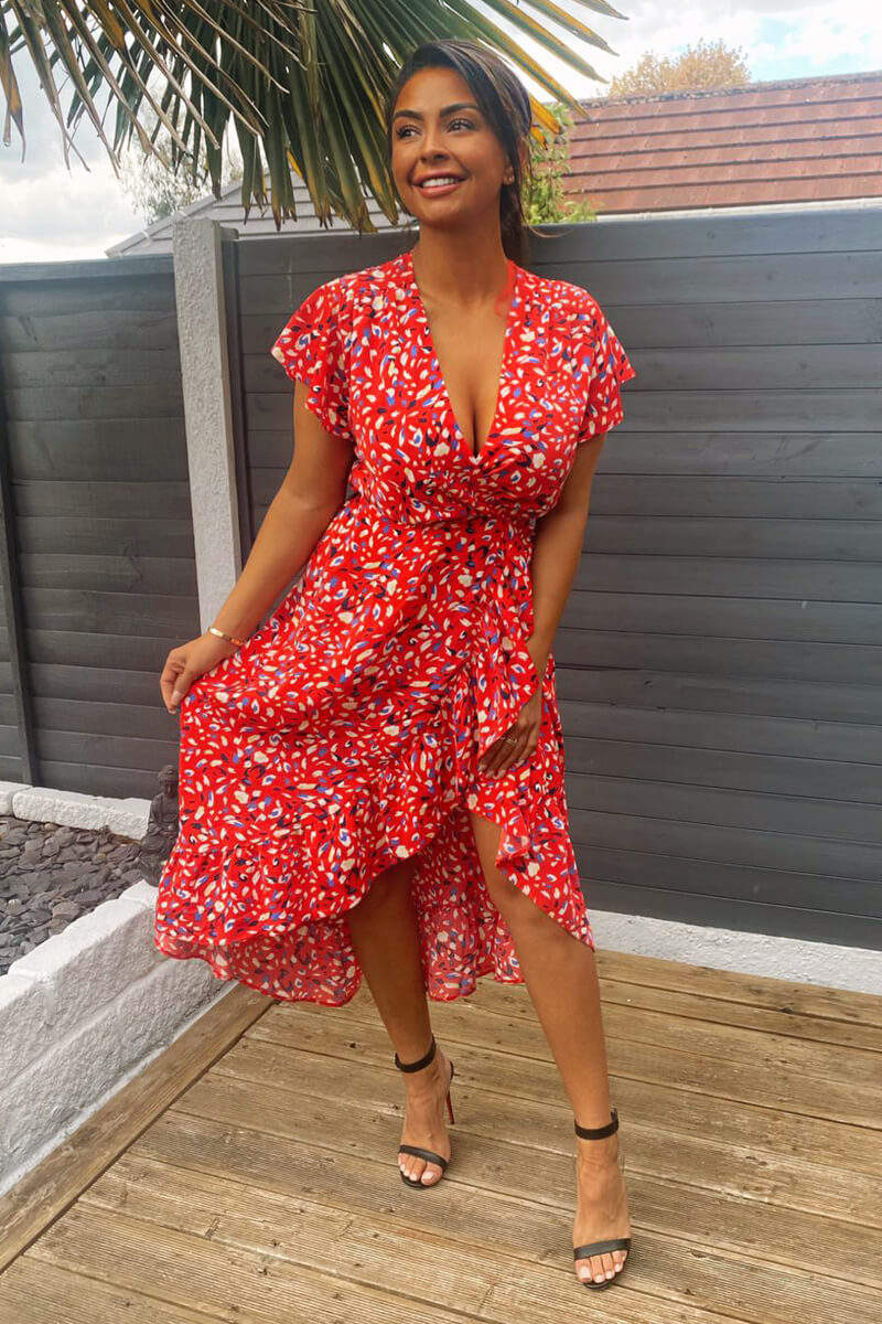 Red Abstract Print Wrap Midi Dress - Swimclubus