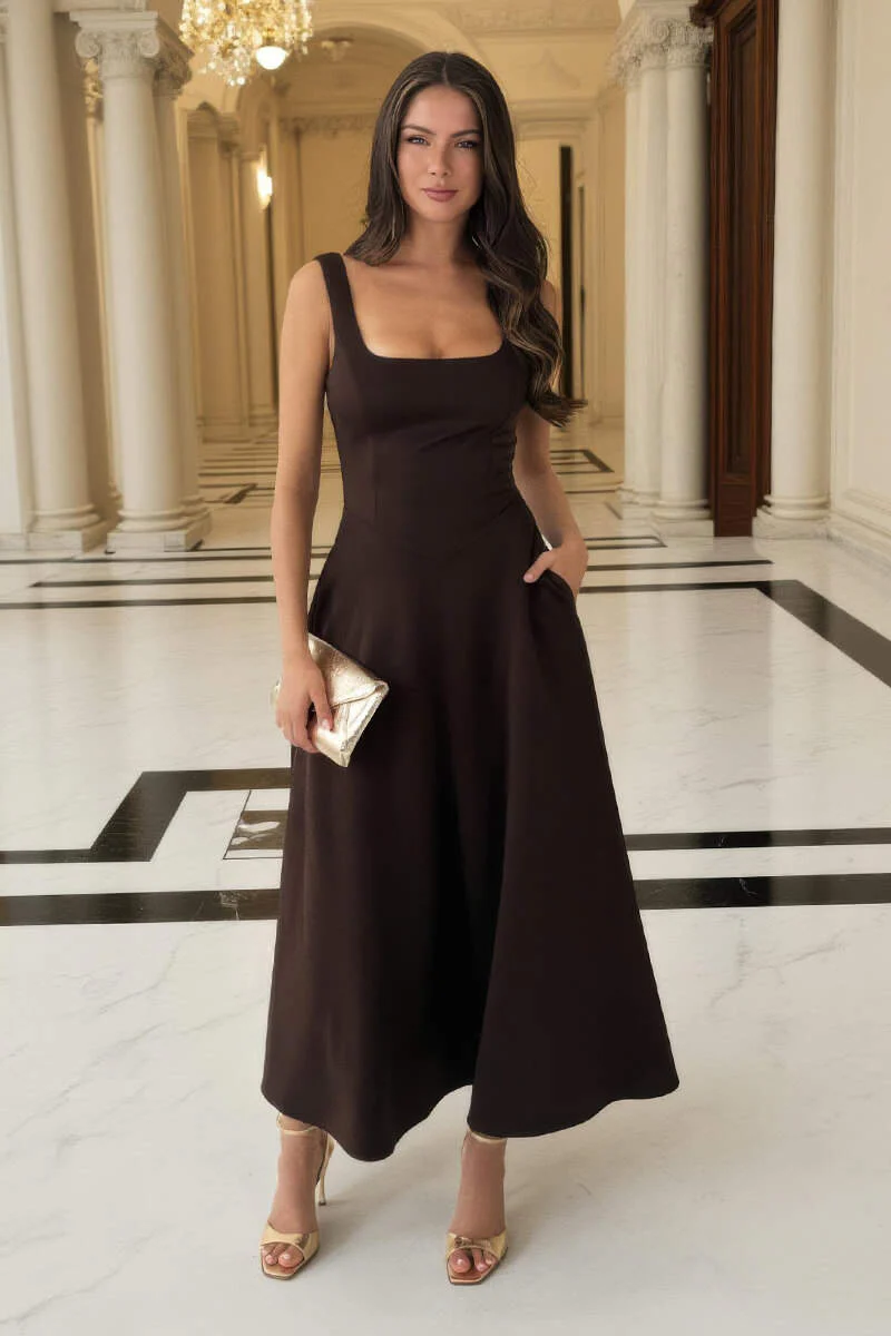 Chocolate Square Neck A-line Midi Dress - Swimclubus