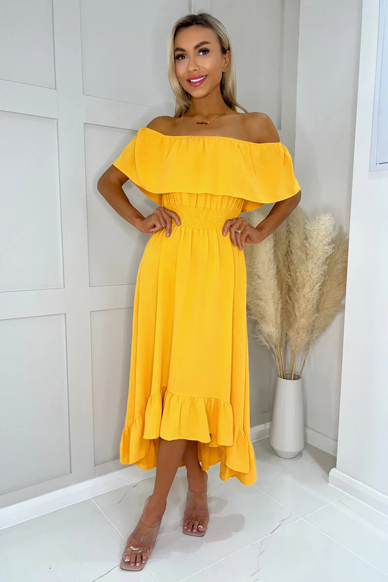 Yellow Bardot Style Midi Dress - Swimclubus