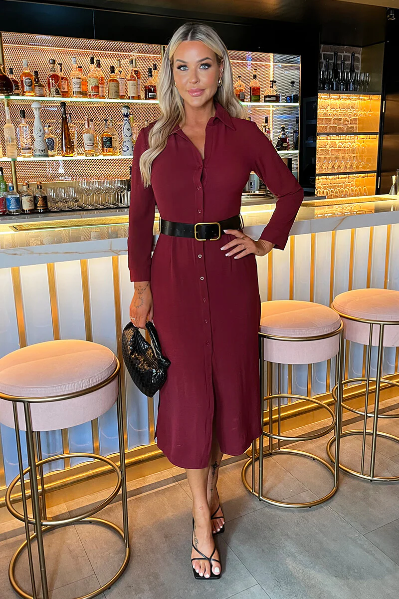 Wine Button Front Belted Shirt Midi Dress - Swimclubus