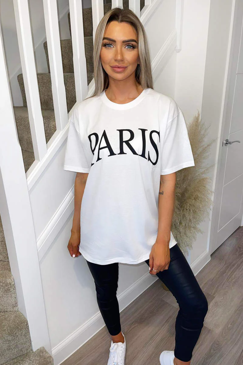White Paris printed Oversized Tee - Swimclubus