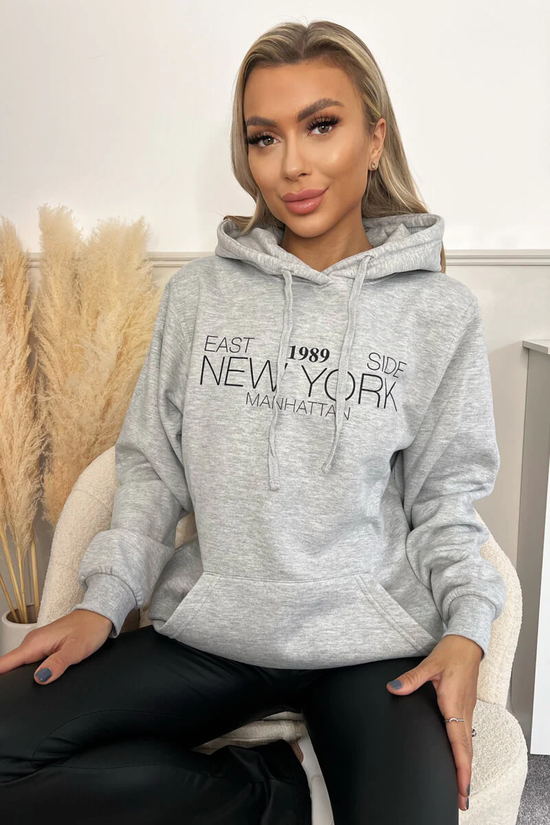 Grey 1989 New York Slogan Hoodie - Swimclubus