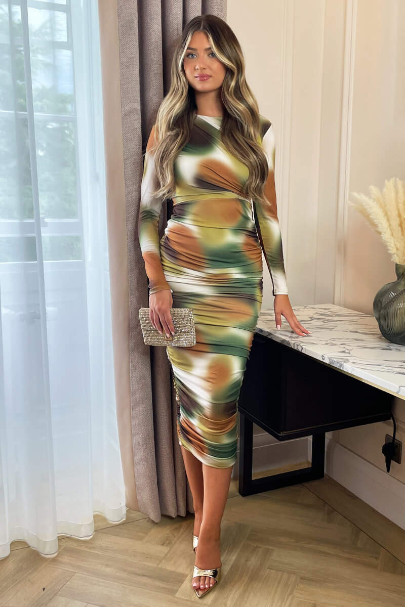 Khaki Printed Long Sleeve Ruched Bodycon Midi Dress - Swimclubus