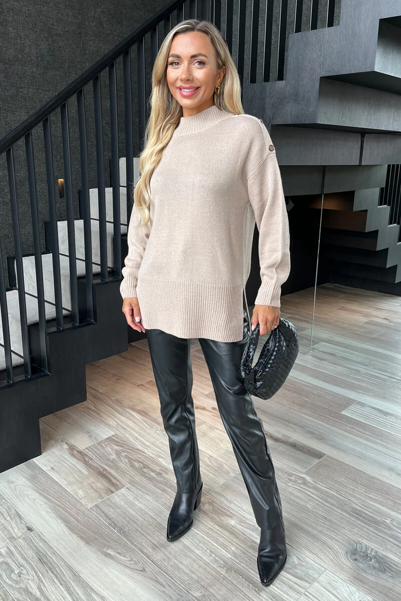 Oatmeal Shoulder Button Detail Knit Jumper - Swimclubus