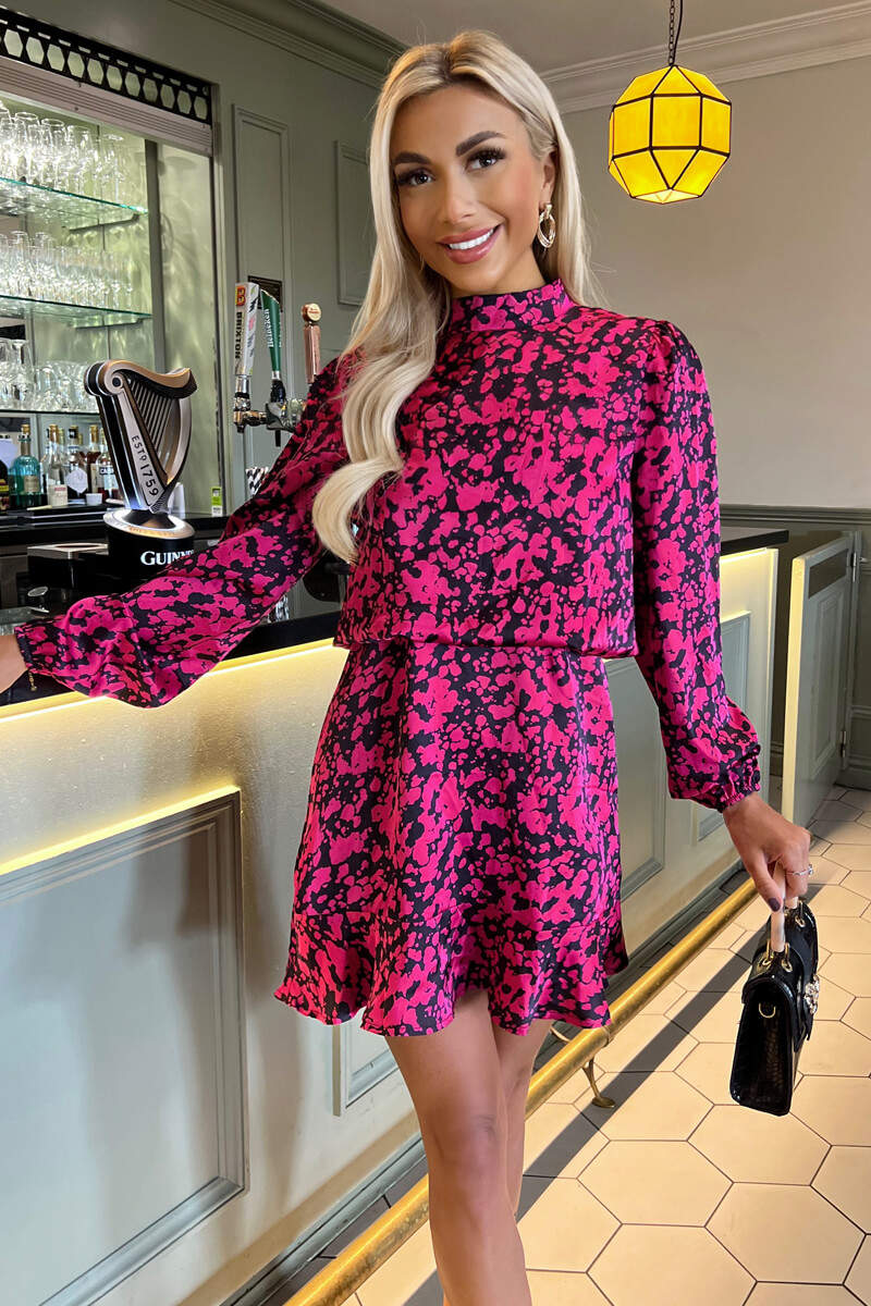 Cerise and Black Printed High Neck Skater Dress - Swimclubus