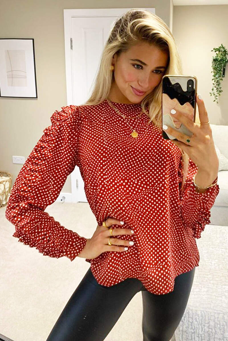 Rust Polka Dot Ruffle Sleeve Top - Swimclubus