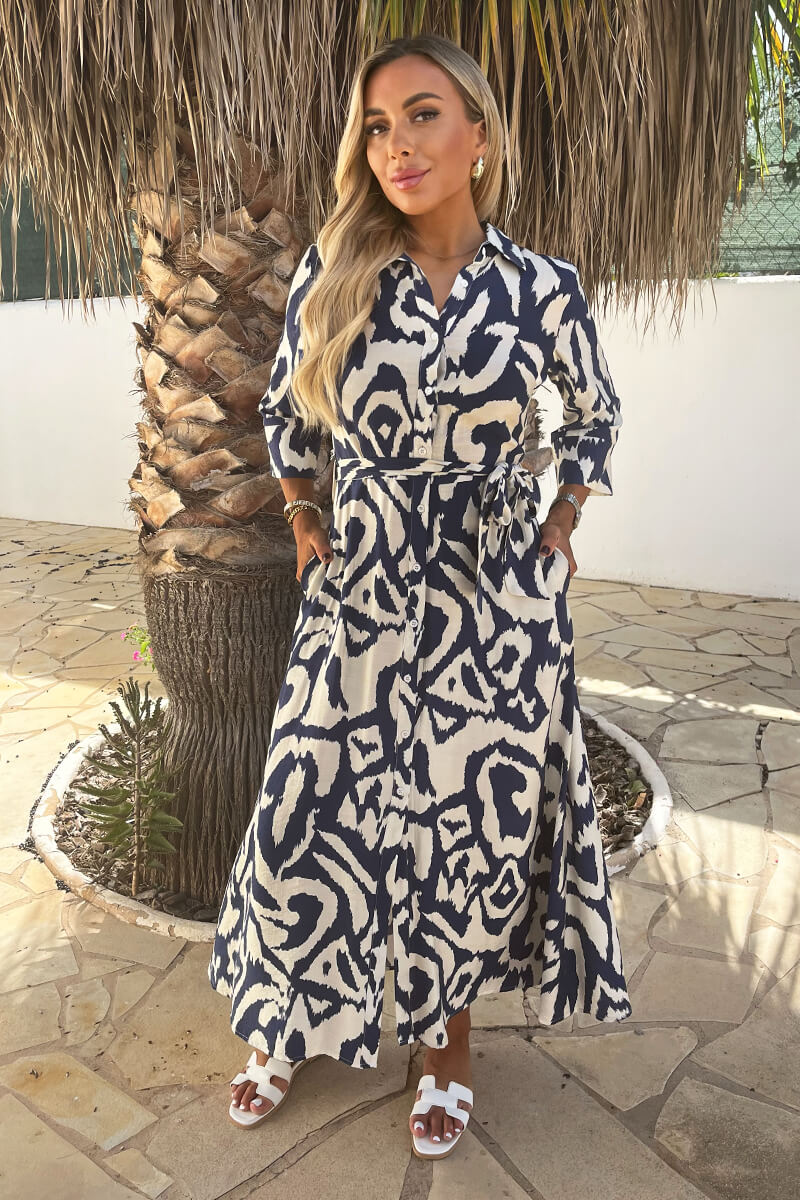 Navy And Cream Abstract Print 3/4 Sleeve Tie Waist Shirt Midi Dress - Swimclubus