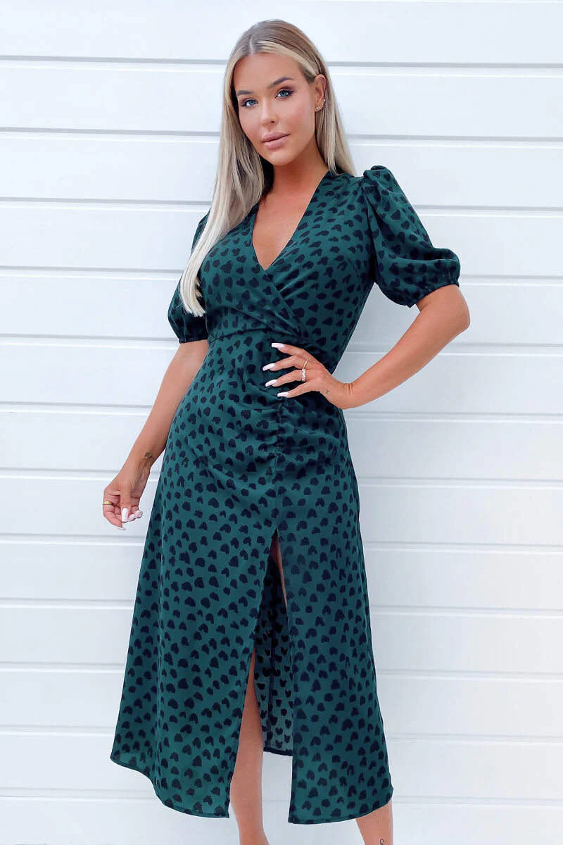 Teal Heart Printed Ruched Side Midi Dress - Swimclubus
